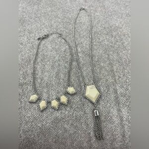 Vintage Pair of Charlie Necklaces Silvertone With Cream Stained Glass